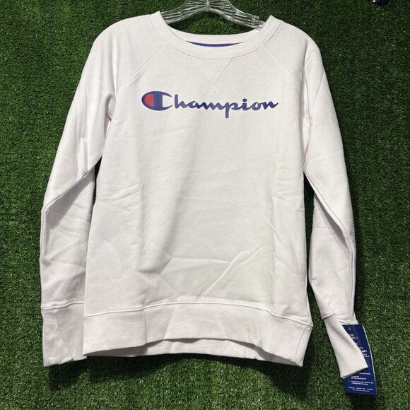 NWT Champion White Spellout Pullover Crewneck Sweatshirt Women’s XS - Picture 1 of 4